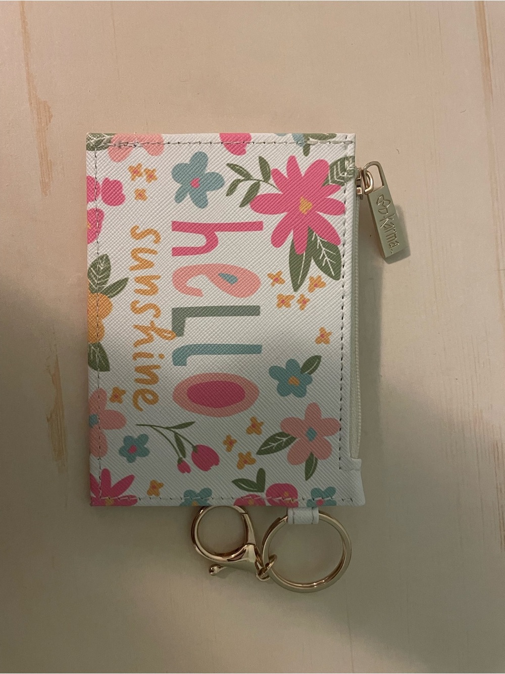 Karma White Floral "Hello Sunshine" Key & Card Holder with Gold Hardware